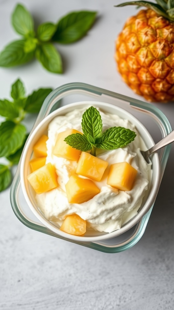 A bowl of cottage cheese topped with pineapple chunks and mint leaves, with a pineapple in the background.