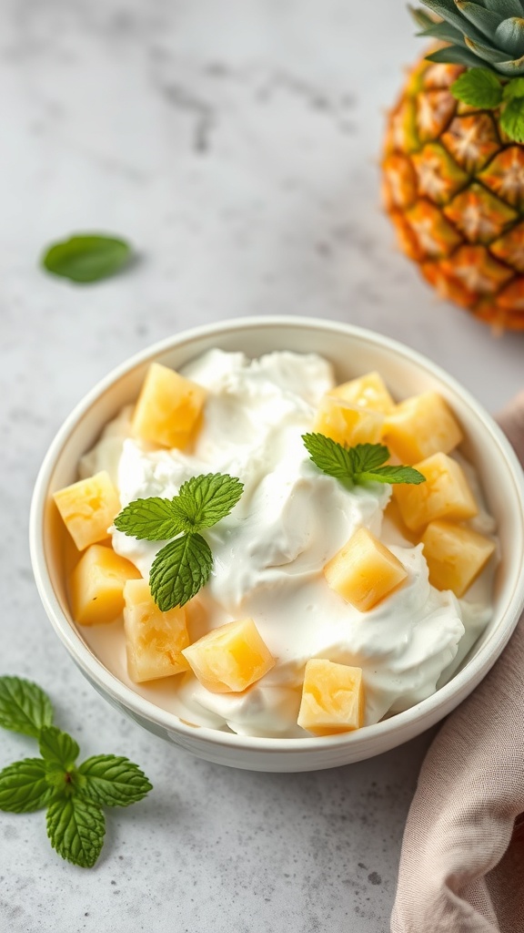 A bowl of cottage cheese topped with pineapple chunks and mint leaves, with a pineapple in the background.