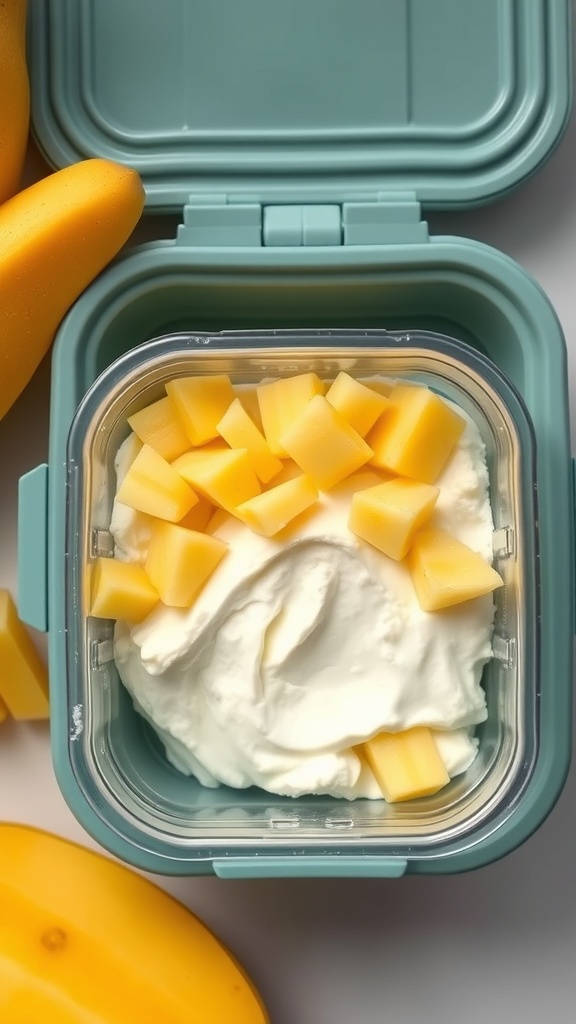 A container of cottage cheese topped with pineapple chunks, ready for a lunchbox.