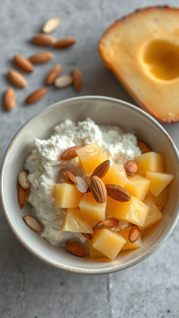 A bowl of cottage cheese topped with diced pineapple and almonds, with some almonds scattered around.