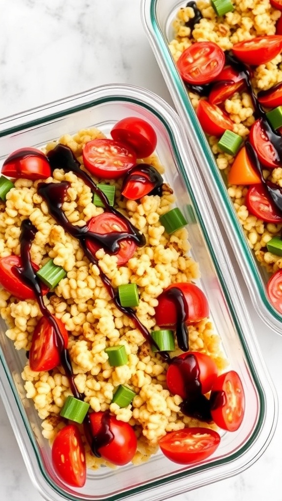 Couscous and roasted tomato salad in meal prep containers