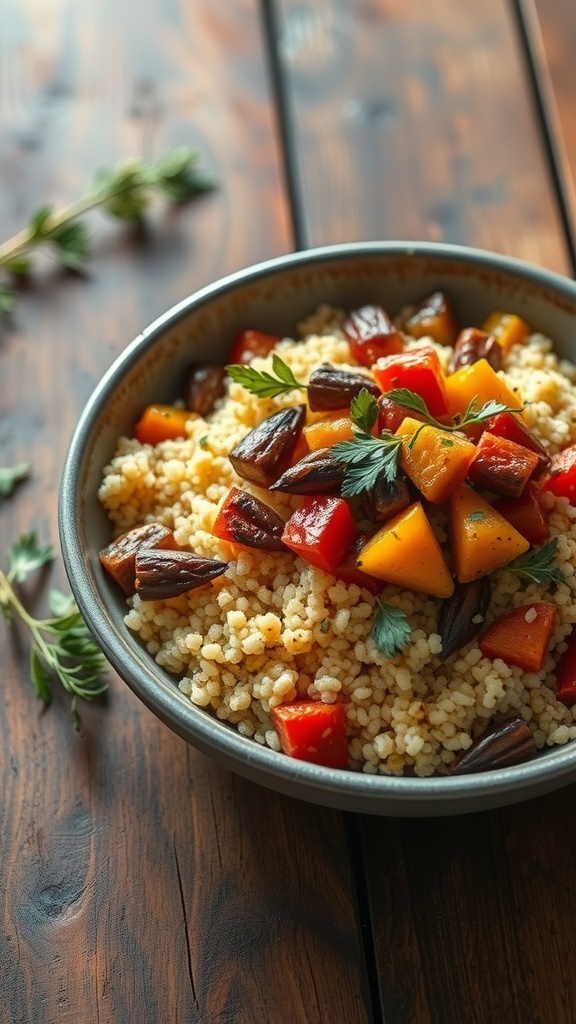 A bowl of couscous topped with colorful roasted vegetables, garnished with parsley.