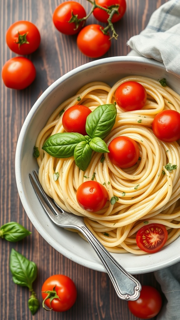 A bowl of creamy avocado pasta topped with cherry tomatoes and basil
