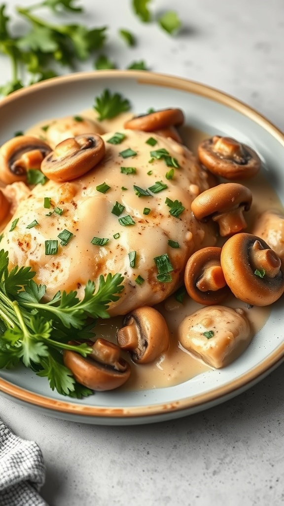 Creamy garlic mushroom chicken served with mushrooms and fresh herbs