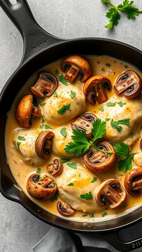 Creamy Mushroom Chicken Skillet with mushrooms and parsley in a cast iron skillet