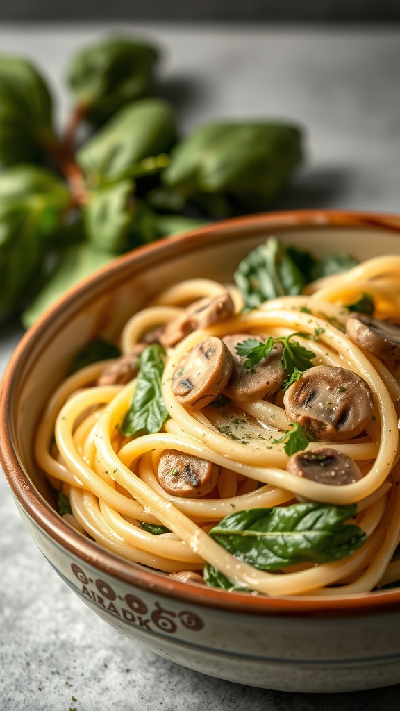 Bowl of creamy spinach and mushroom pasta with fresh ingredients in the background.