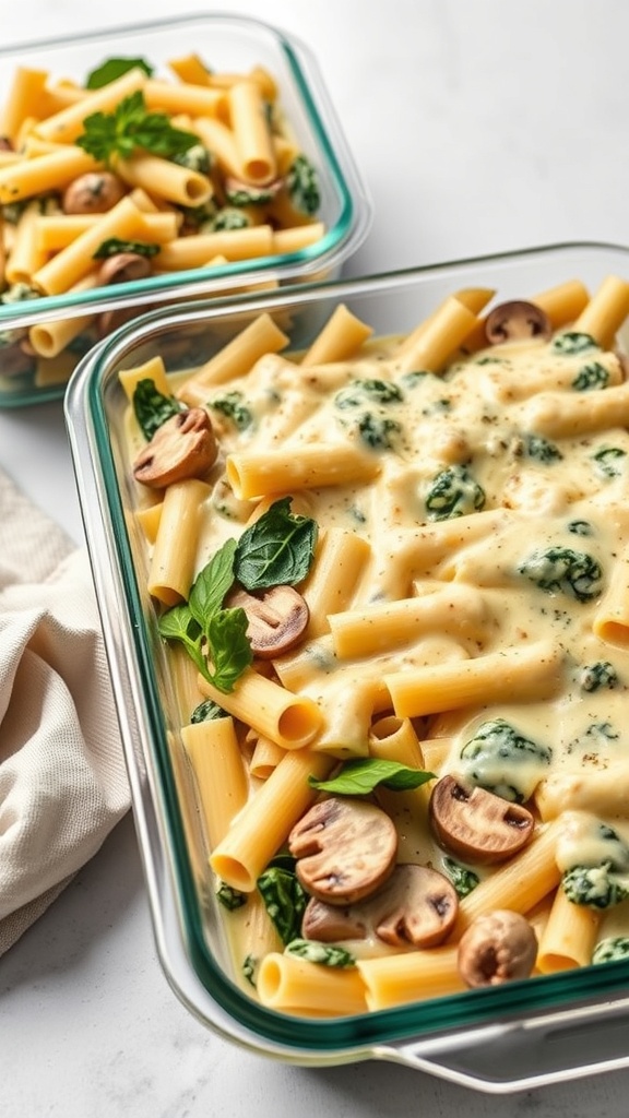 A creamy spinach and mushroom pasta bake in a glass dish, topped with fresh basil.