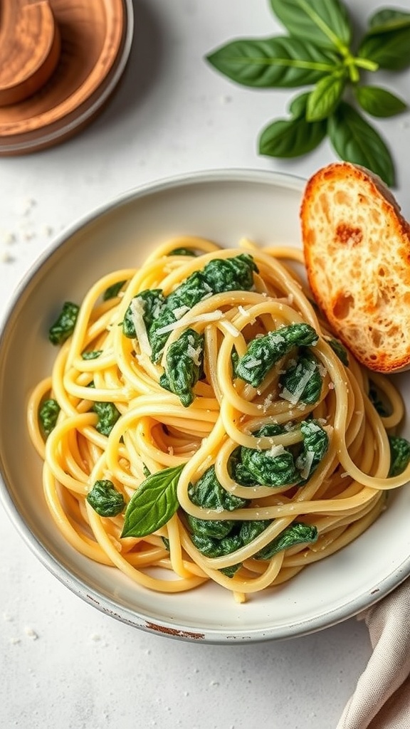 A bowl of creamy spinach pasta with a slice of toasted bread on the side.