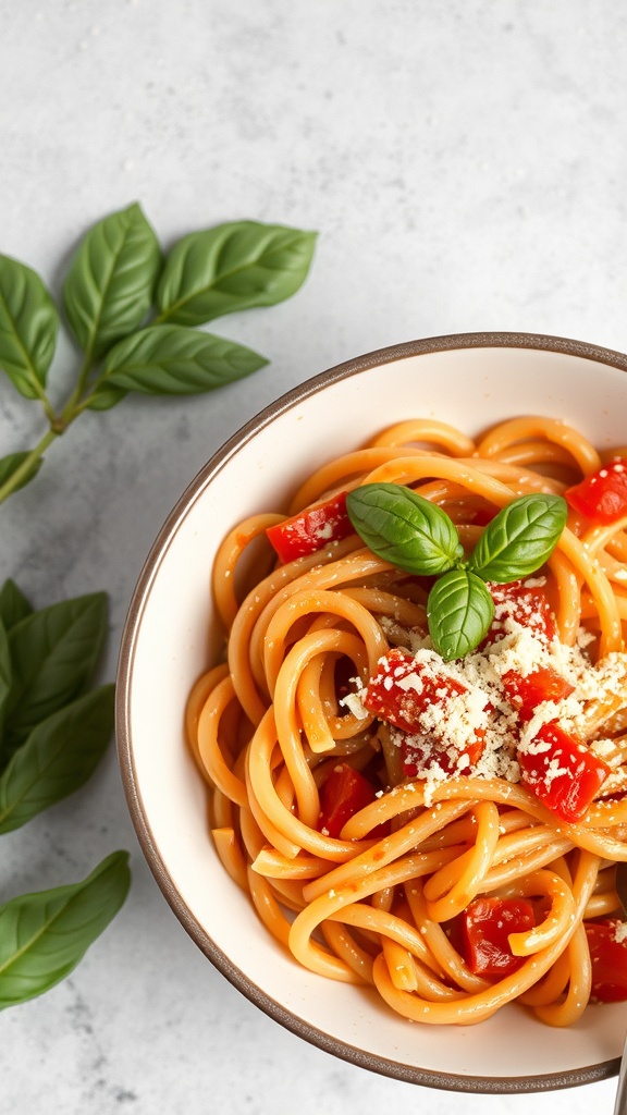 A bowl of creamy tomato basil pasta with fresh basil leaves on the side.