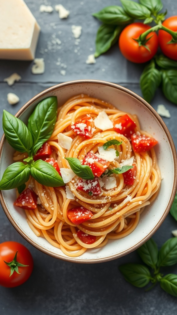A bowl of creamy tomato basil pasta topped with fresh basil leaves and grated cheese, surrounded by cherry tomatoes and basil leaves.