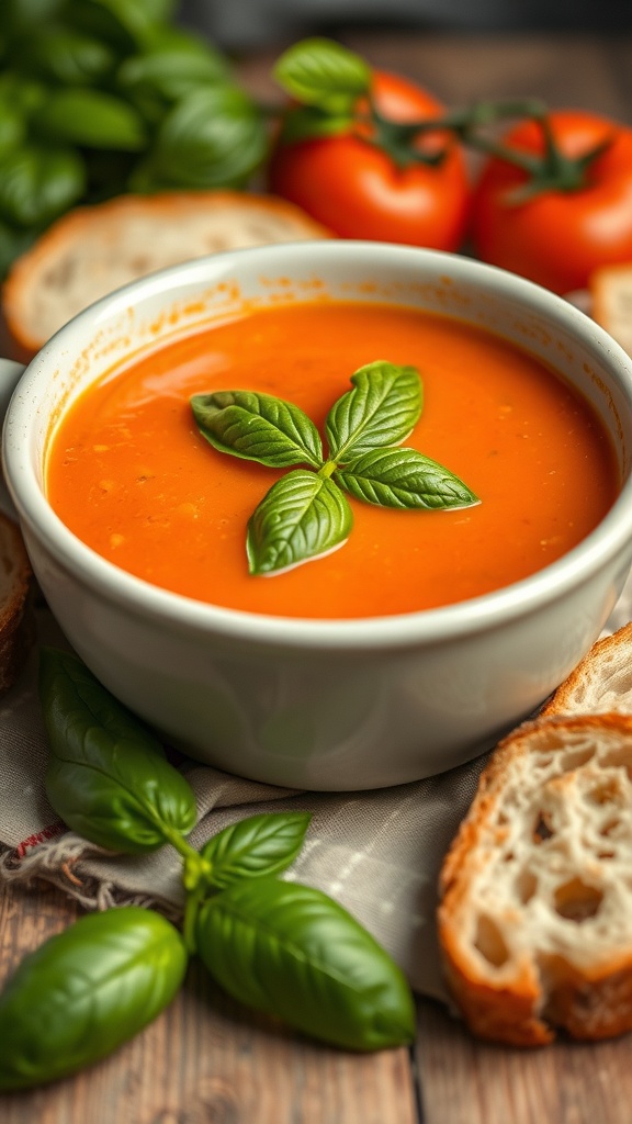 A bowl of creamy tomato basil soup garnished with fresh basil leaves, surrounded by tomatoes and bread.