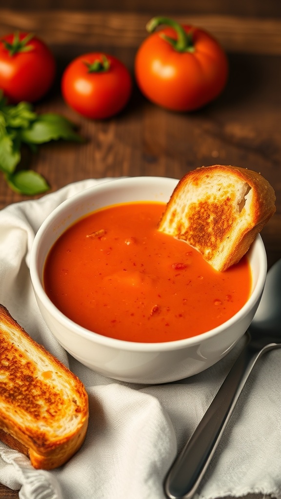 A bowl of creamy tomato soup with a slice of grilled cheese dipped in, surrounded by fresh tomatoes.