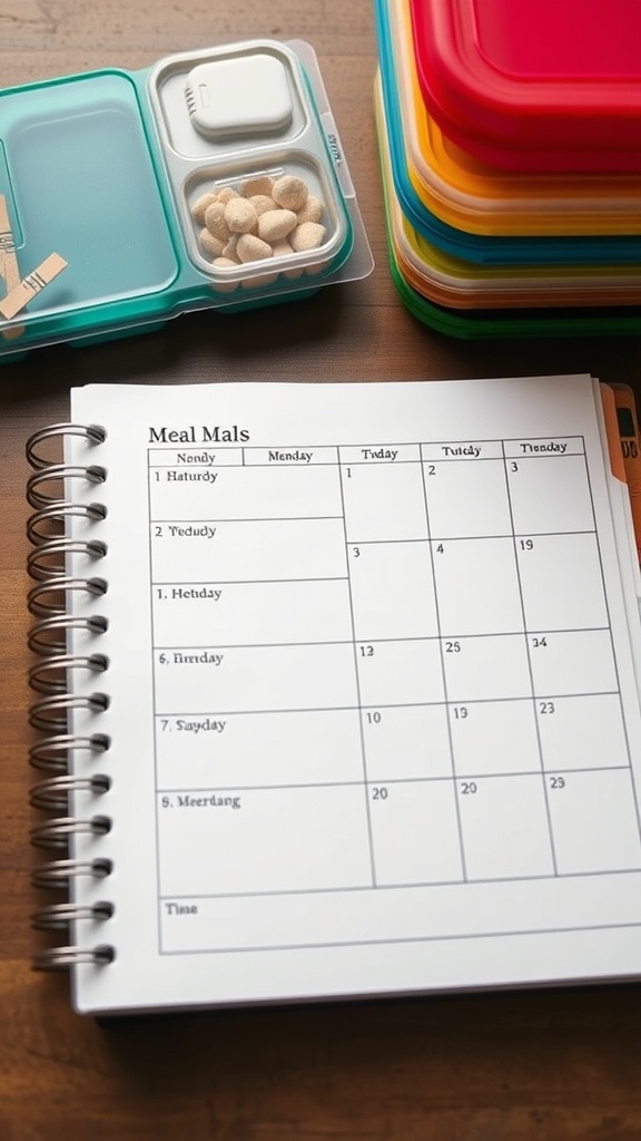 A meal prep notebook with colorful containers and healthy snacks.