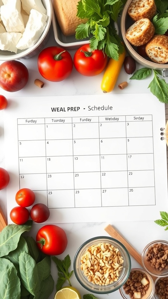 A meal prep schedule with fresh ingredients, including tomatoes, greens, and nuts.