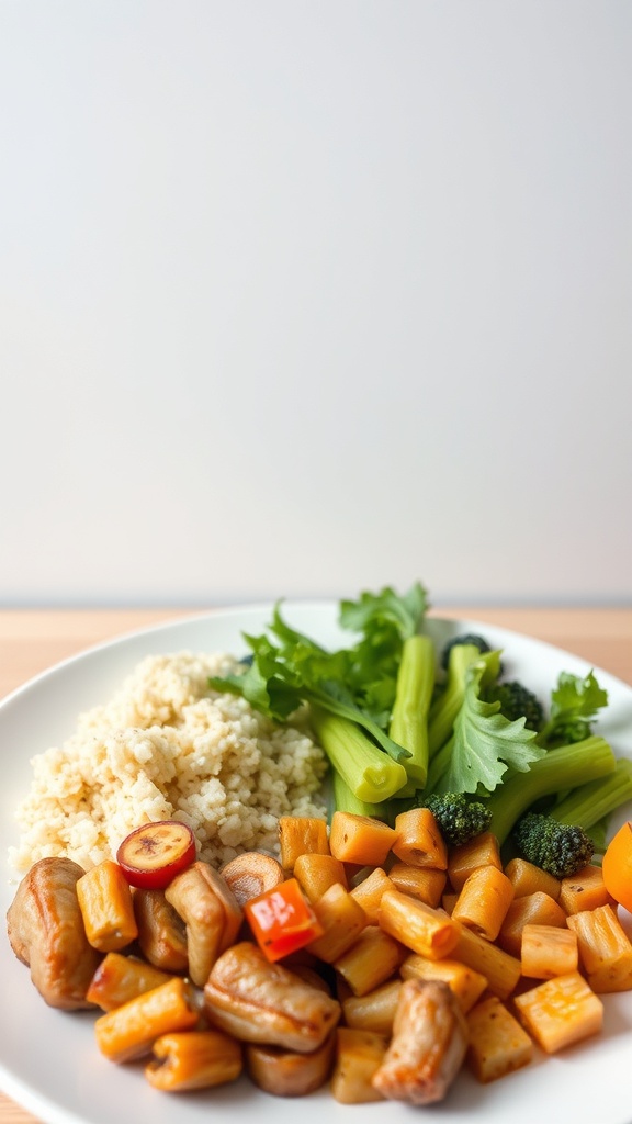 A balanced meal with quinoa, mixed vegetables, and protein on a plate.