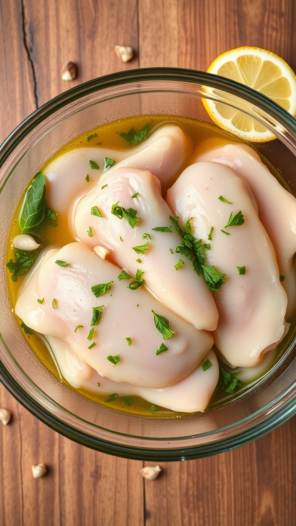 Chicken breasts marinating in olive oil, lemon juice, and herbs.
