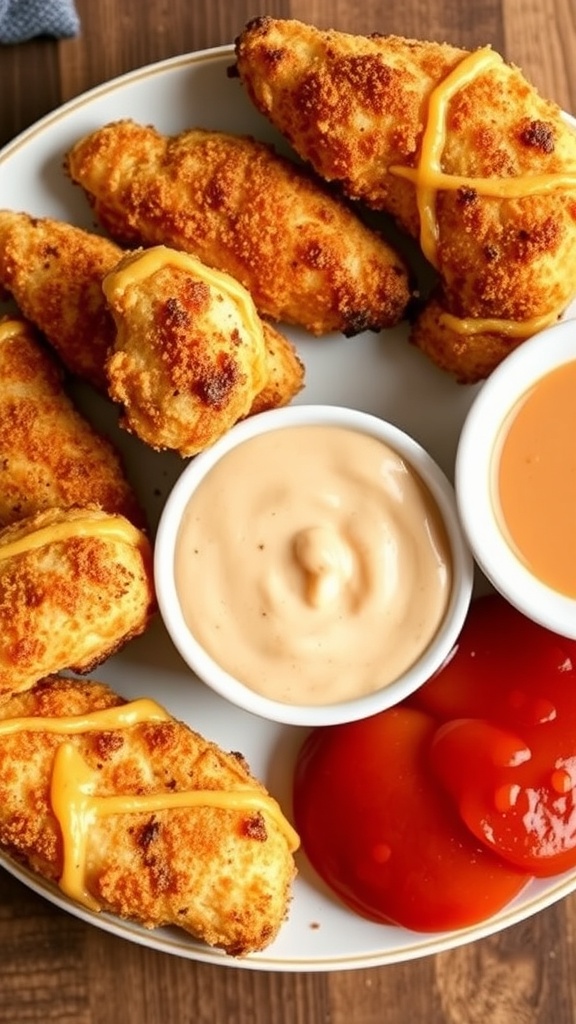 A plate of crispy baked chicken tenders with dipping sauces