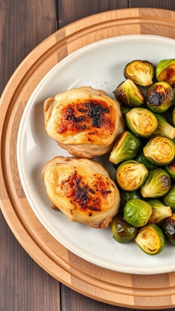 A plate of crispy chicken thighs served with roasted Brussels sprouts.