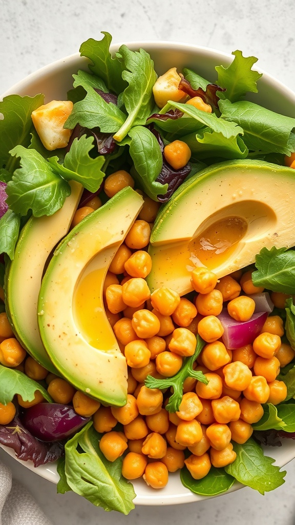 A bowl of crispy chickpea and avocado salad with mixed greens and cherry tomatoes.