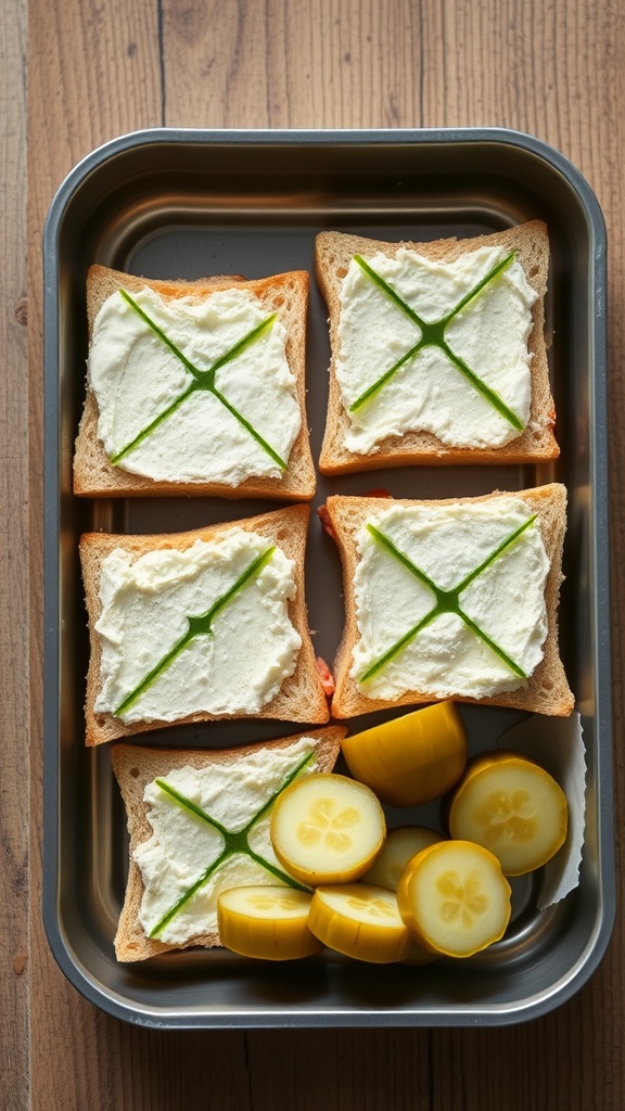 Cucumber and cream cheese sandwiches arranged in a lunchbox with sliced cucumbers