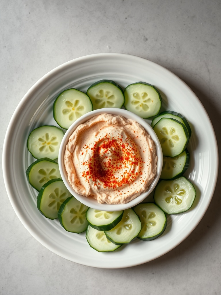 A plate of cucumber slices arranged around a bowl of hummus, garnished with paprika.