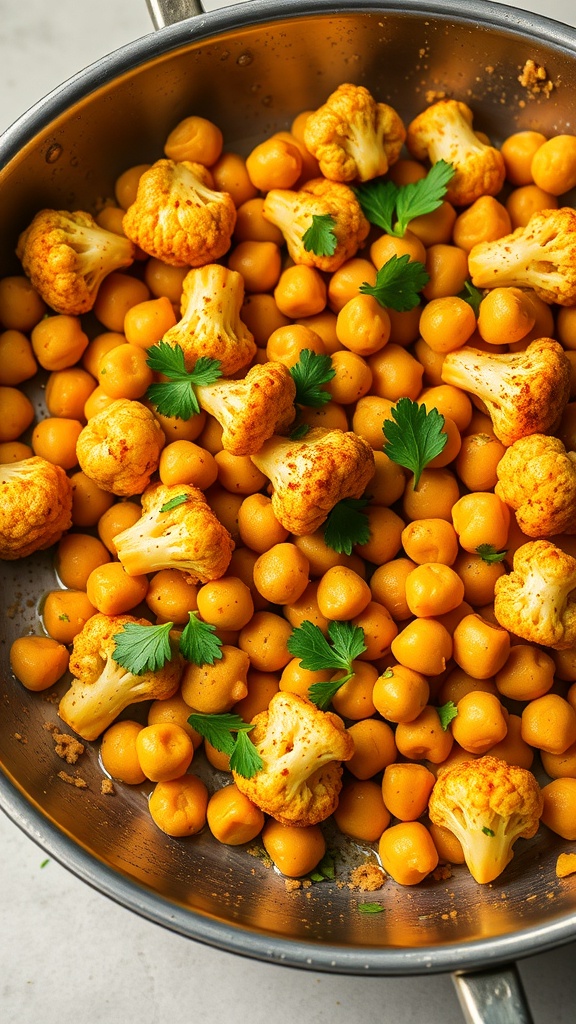 A pan filled with curried cauliflower and chickpeas, garnished with fresh parsley.