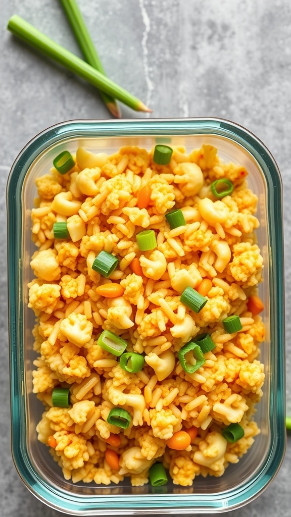 Curried cauliflower rice in a glass container with green onions on top
