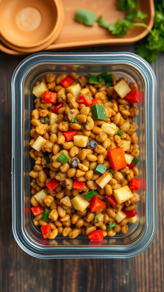 A colorful curried lentil salad with diced vegetables in a glass container