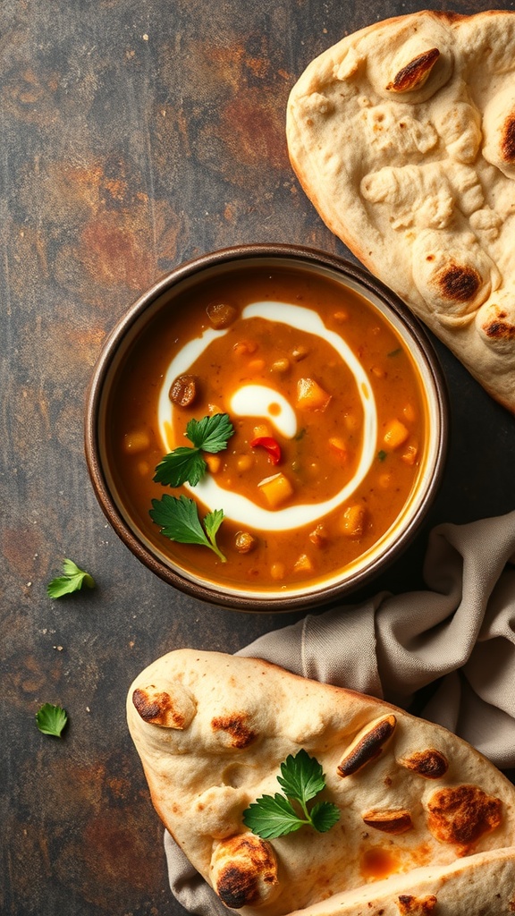 A bowl of curried lentil soup with a swirl of cream and fresh herbs, accompanied by naan bread.