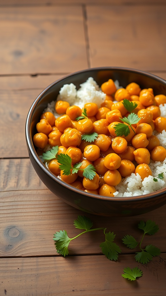 A bowl of curry chickpeas served over rice, garnished with cilantro.