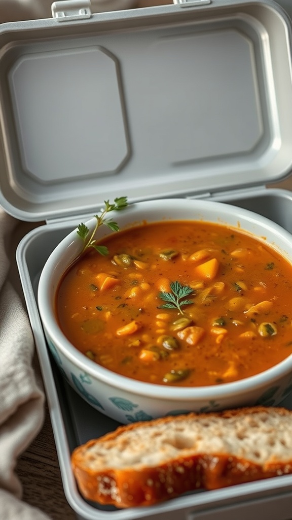 A bowl of curry lentil soup in a lunchbox with a slice of bread