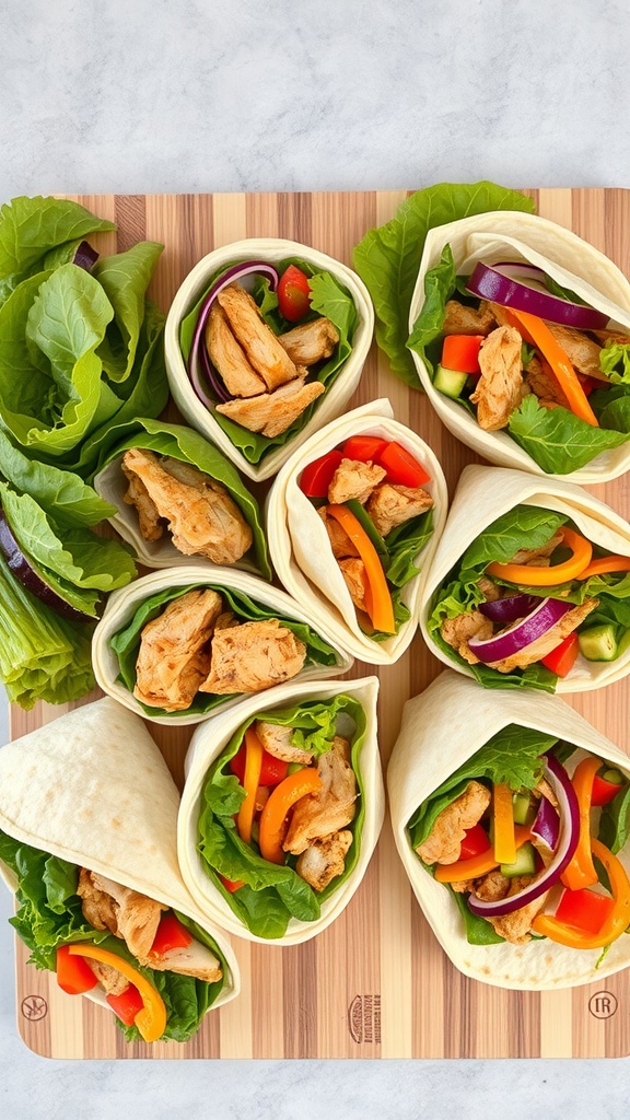DIY Chicken and Veggie Wraps with colorful fillings on a wooden board