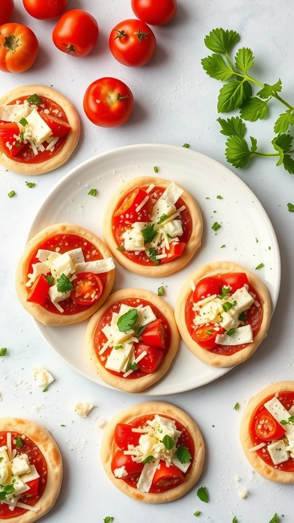 Mini pita pizzas topped with tomato sauce, cheese, and fresh vegetables on a plate.