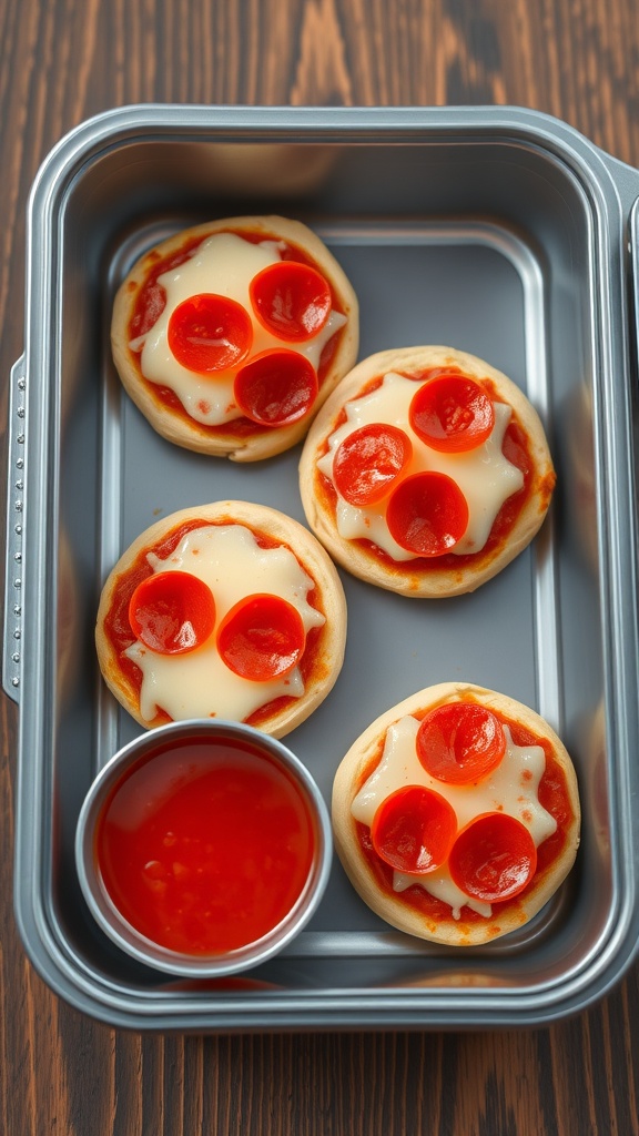 Mini pizzas with pepperoni and cheese in a lunchbox