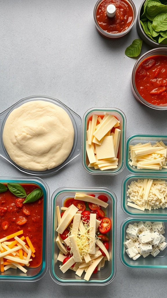 A variety of pizza ingredients including dough, sauces, cheeses, and toppings laid out for DIY pizza kits.