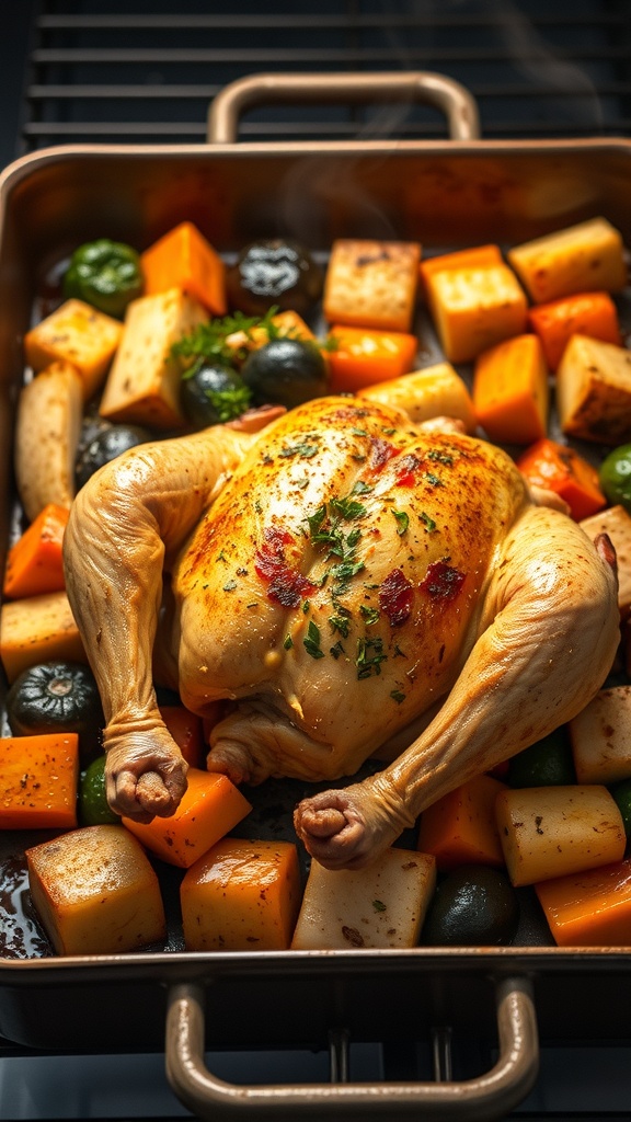A roasted chicken with vegetables in a pan, showcasing a healthy meal prep option.