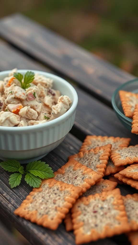 A bowl of creamy tuna salad with whole grain crackers on a wooden table.