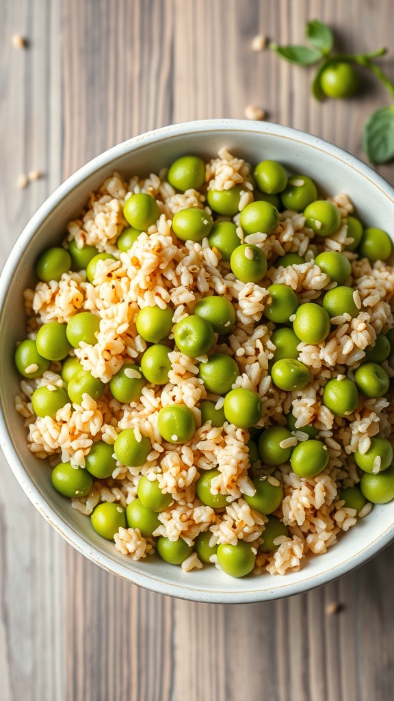 A bowl of edamame and brown rice salad, featuring green edamame and fluffy brown rice, garnished with herbs.