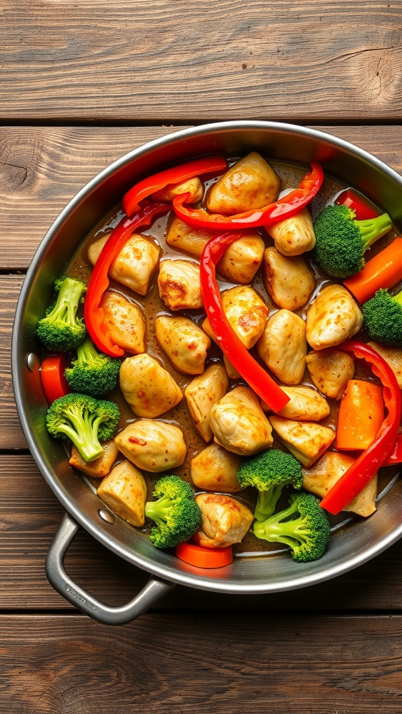 A colorful chicken and veggie stir-fry in a pan on a wooden table.