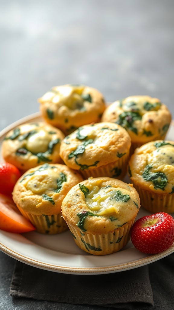 A plate of egg and spinach breakfast muffins with strawberries and apple slices.