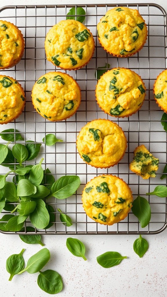 Egg and spinach breakfast muffins on a cooling rack with fresh spinach leaves.
