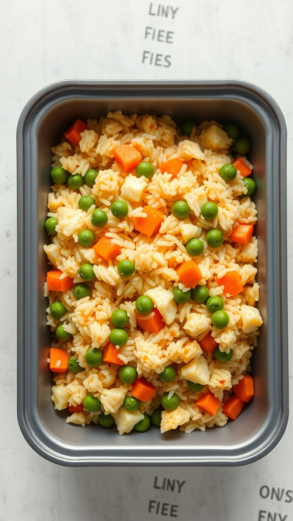 A meal prep container filled with egg fried rice, featuring rice, peas, and carrots.