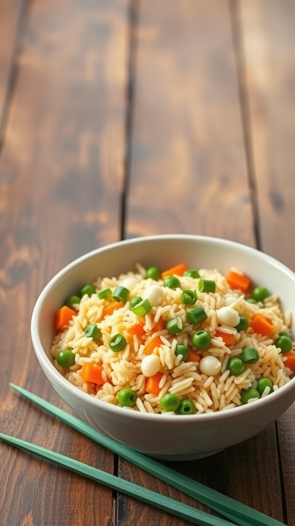 A bowl of egg fried rice with peas and carrots, garnished with green onions, served with chopsticks on a wooden table.