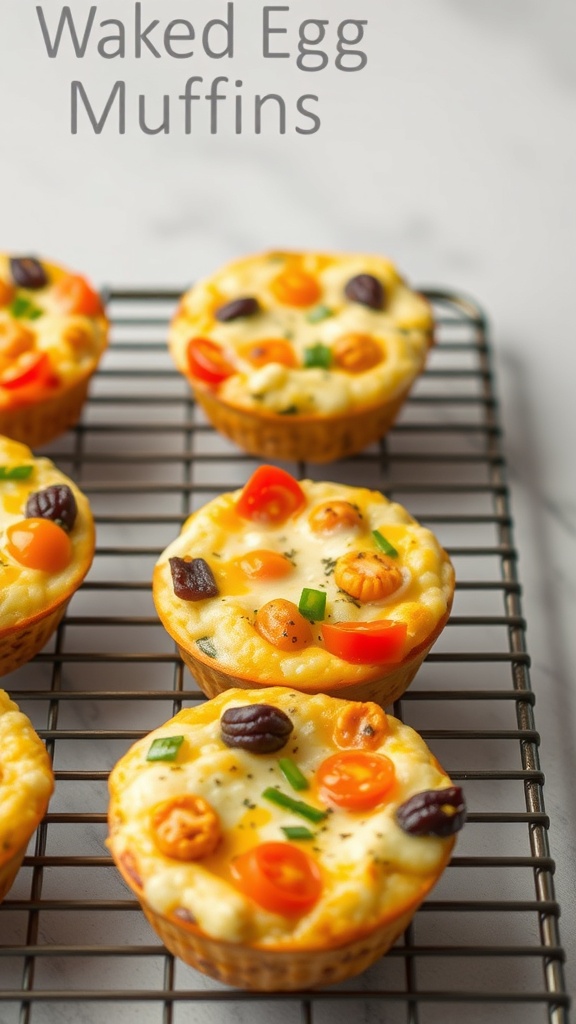 Colorful egg muffins with cheese and veggies on a cooling rack.
