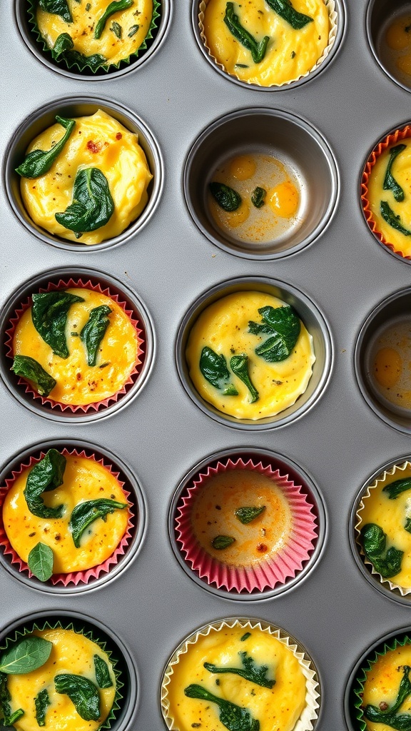 A muffin tin filled with egg muffins containing spinach, some fully baked and others in the process.