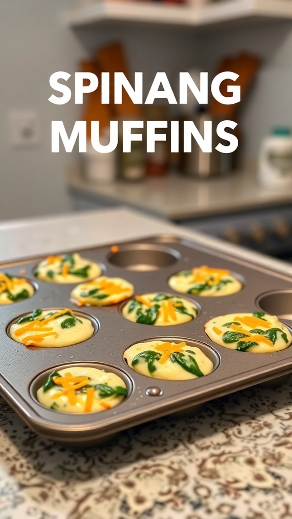 A muffin tin filled with egg muffins made with spinach and cheese, ready to bake.