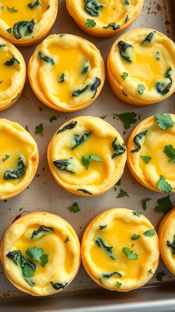 Egg muffins with spinach and cheese, baked in a muffin tin, garnished with fresh herbs.