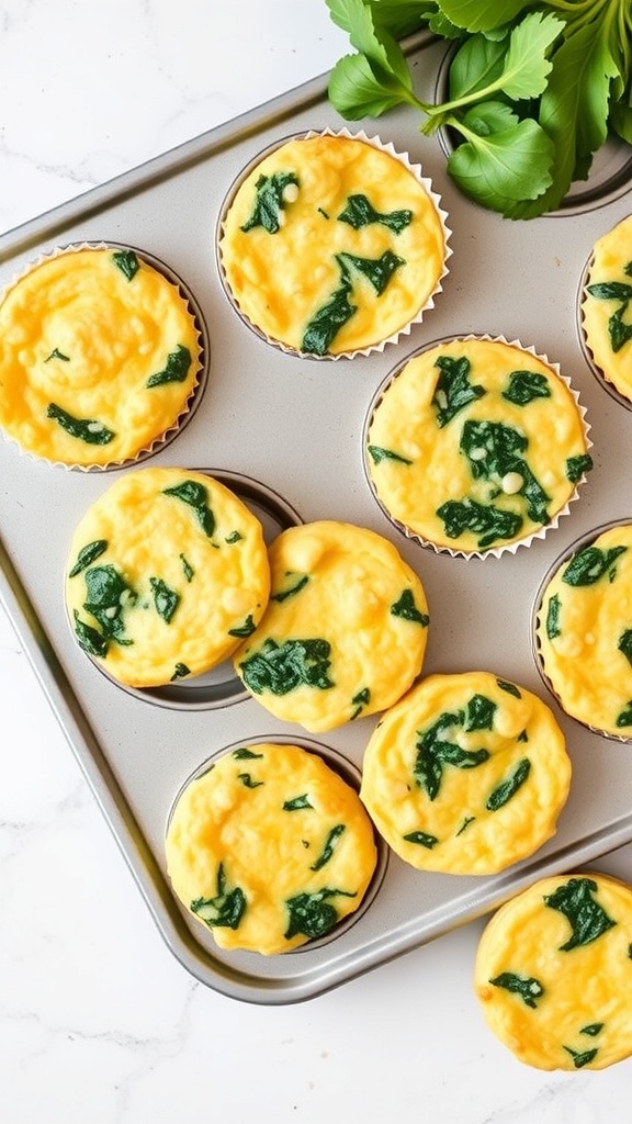 A tray of egg muffins filled with spinach and cheese, ready for meal prep.