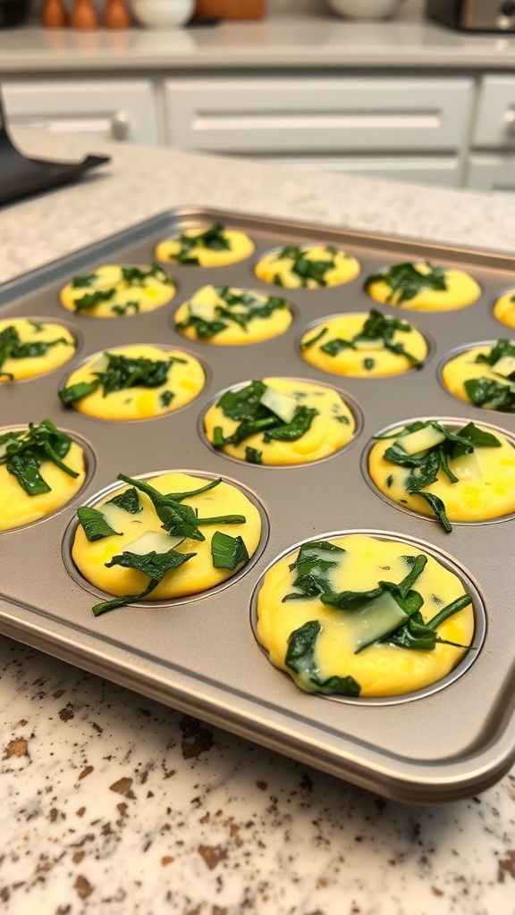 A muffin tin filled with egg muffins containing spinach and cheese, ready to be baked.