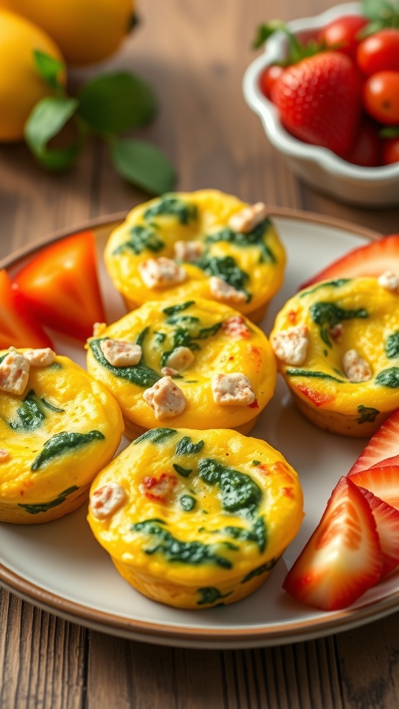 Egg muffins with spinach and cheese served on a plate with fresh strawberries and tomatoes